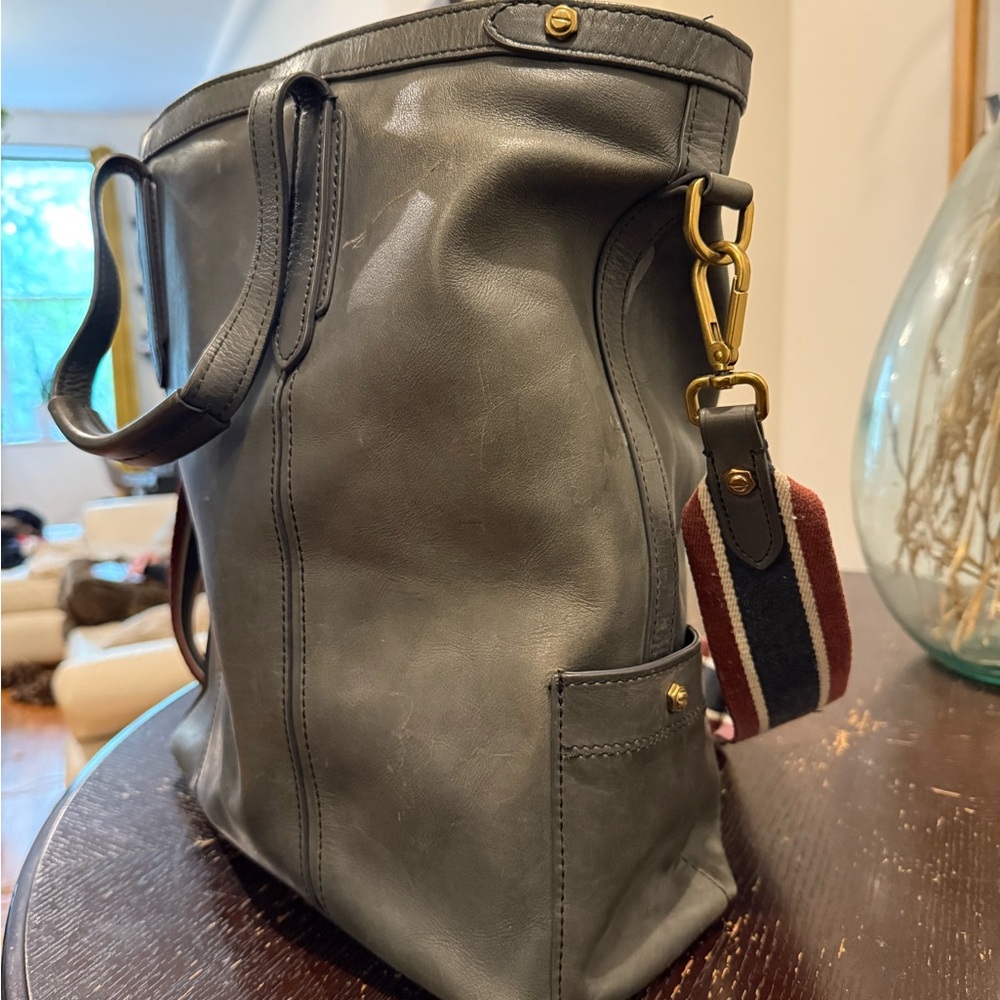 J. Crew Gray Leather Messenger Bag with Gold Accents